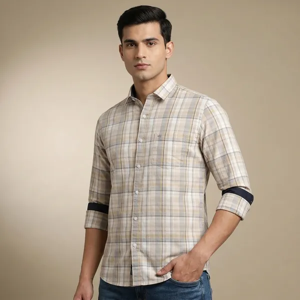 Cream_Grey_Plaid_Check_Cotton_Full_Sleeve_Shirt_For_Men