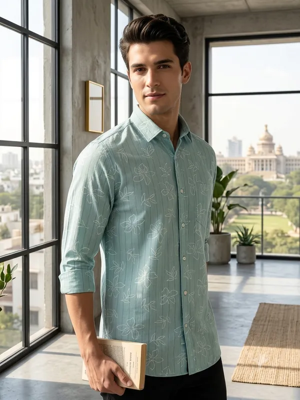 Blue_Linen_Cotton_Floral_Print_Half_Sleeve_Shirt_For_Men