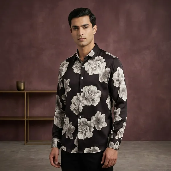 Brown_Tencel_Regular_Fit_Floral_Print_Long_Sleeve_Shirt_For_Men