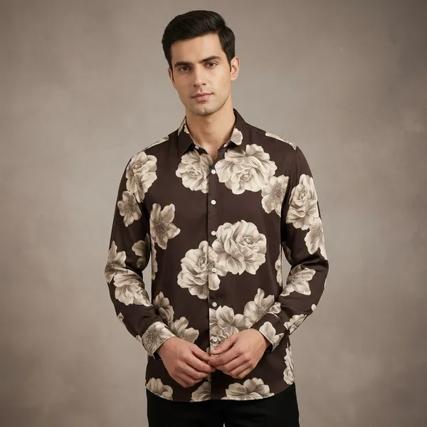 Brown_Tencel_Regular_Fit_Floral_Print_Long_Sleeve_Shirt_For_Men