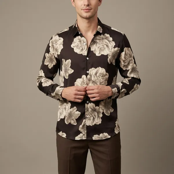 Brown_Tencel_Regular_Fit_Floral_Print_Long_Sleeve_Shirt_For_Men
