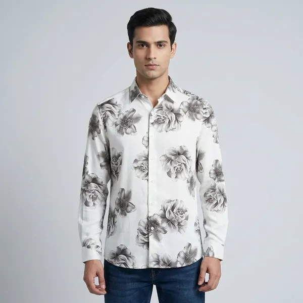 White_Tencel_Floral_Print_Full_Sleeve_Casual_Shirt_For_Men