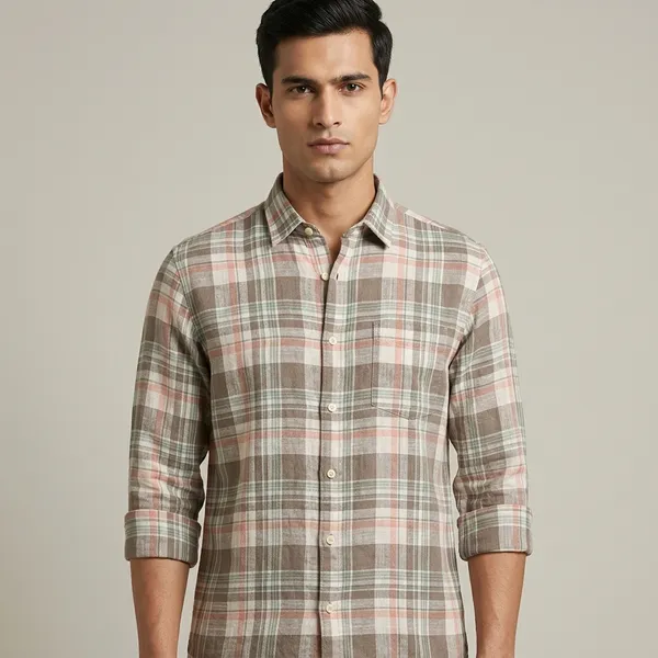 Brown_And_White_Linen_Cotton_Plaid_Full_Sleeve_Casual_Shirt_For_Men