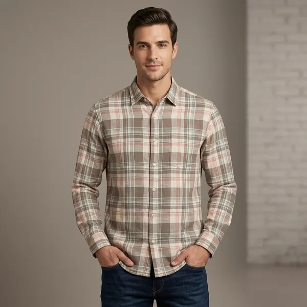 Brown_And_White_Linen_Cotton_Plaid_Full_Sleeve_Casual_Shirt_For_Men