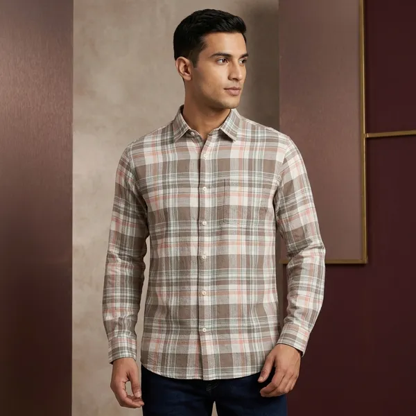 Brown_And_White_Linen_Cotton_Plaid_Full_Sleeve_Casual_Shirt_For_Men