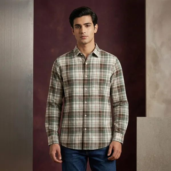 Brown_Green_Linen_Cotton_Regular_Fit_Plaid_Shirt_For_Men