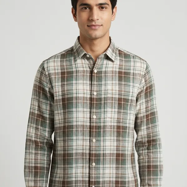 Brown_Green_Linen_Cotton_Regular_Fit_Plaid_Shirt_For_Men