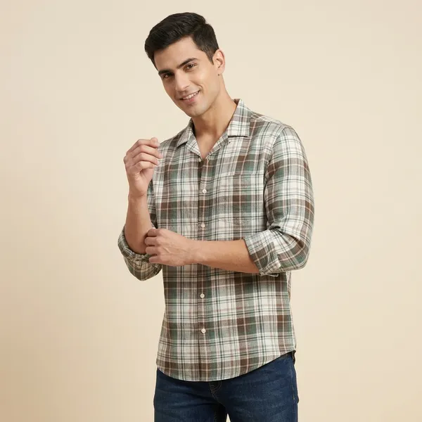 Brown_Green_Linen_Cotton_Regular_Fit_Plaid_Shirt_For_Men