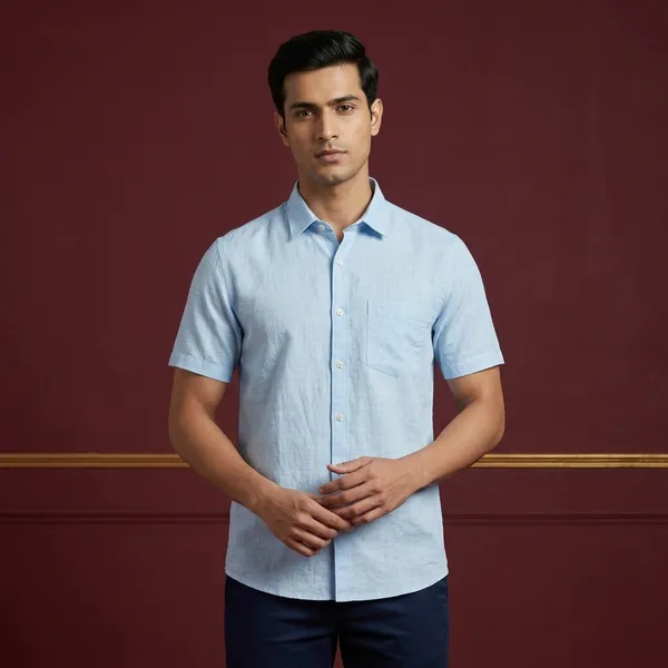 Light_Blue_Linen_Cotton_Regular_Fit_Short_Sleeve_Casual_Shirt_For_Men