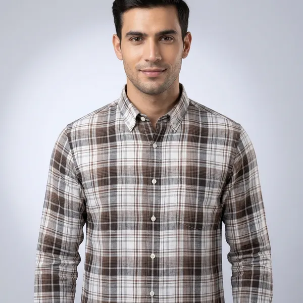 White_Brown_Linen_Cotton_Plaid_Full_Sleeve_Shirt_For_Men