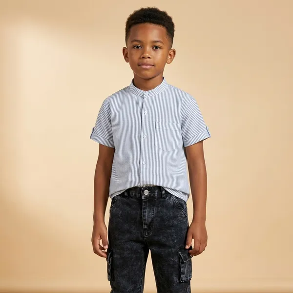 Blue_Striped_Cotton_Short_Sleeve_Shirt_and_Black_Cargo_Denim_Set_for_Boys