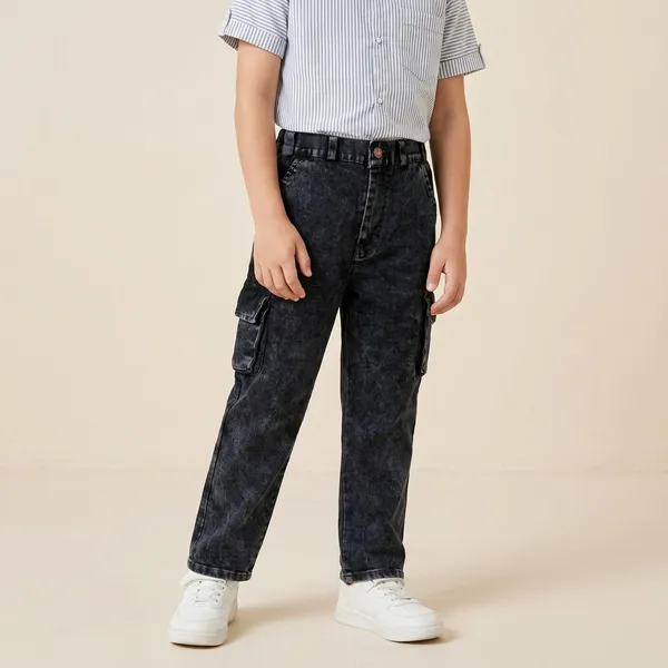 Blue_Striped_Cotton_Short_Sleeve_Shirt_and_Black_Cargo_Denim_Set_for_Boys