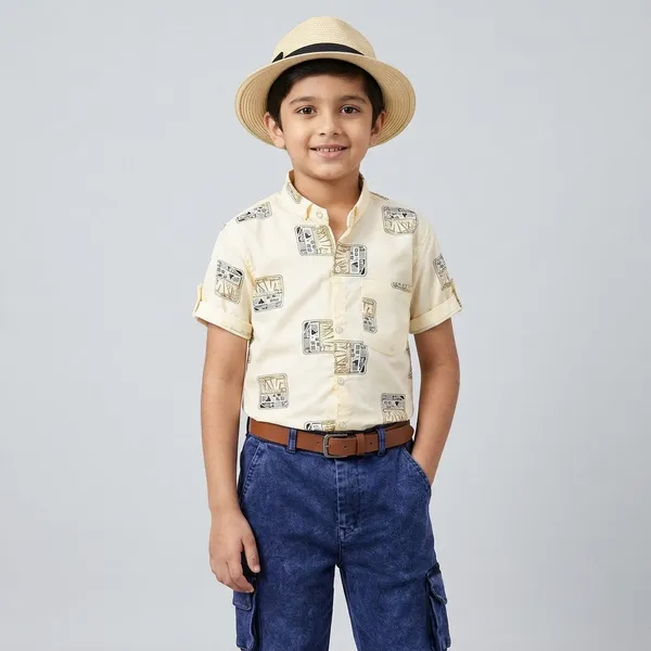 Cream_Printed_Shirt_and_Blue_Cargo_Pants_Set_for_Boys