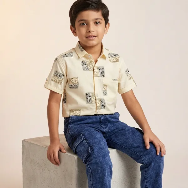 Cream_Printed_Shirt_and_Blue_Cargo_Pants_Set_for_Boys