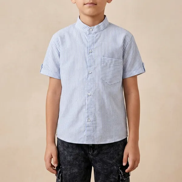 Blue_Striped_Cotton_Shirt_And_Black_Cargo_Denim_Set_For_Boys