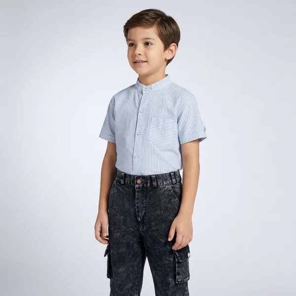 Blue_Striped_Cotton_Shirt_And_Black_Cargo_Denim_Set_For_Boys