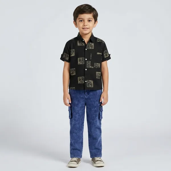 Black_Cotton_Printed_Shirt_and_Blue_Cargo_Pants_Set_for_Boys