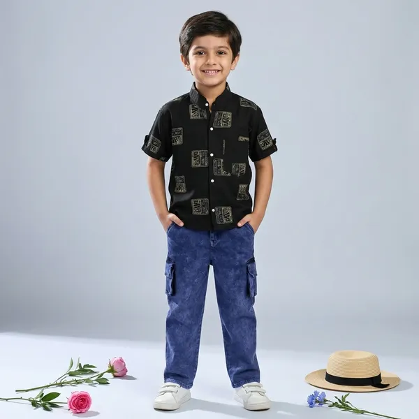 Black_Cotton_Printed_Shirt_and_Blue_Cargo_Pants_Set_for_Boys