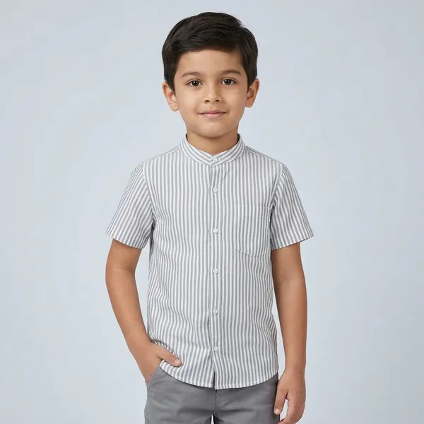 White_Grey_Striped_Cotton_Half_Sleeve_Shirt_for_Boys