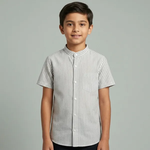 White_Grey_Striped_Cotton_Half_Sleeve_Shirt_for_Boys