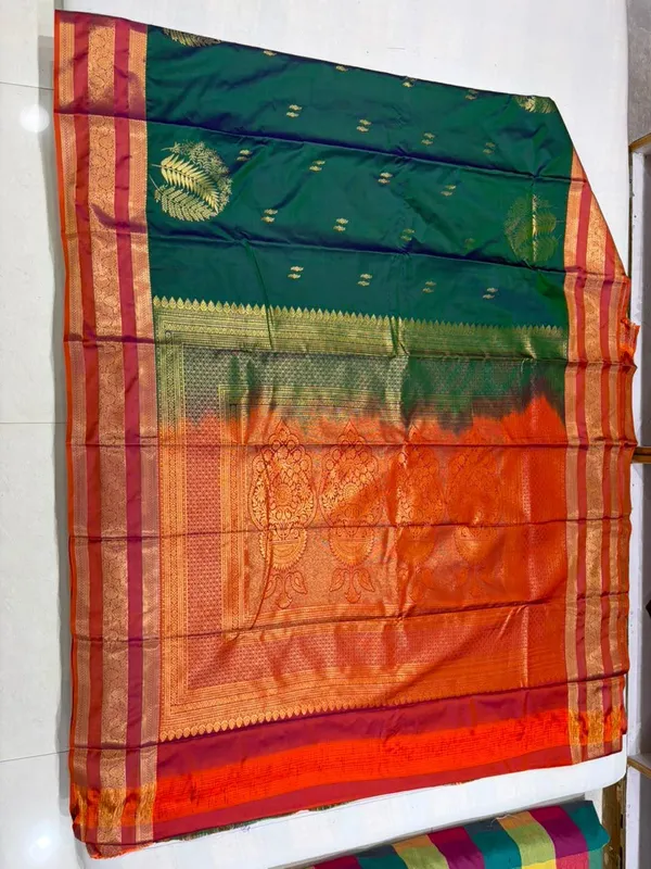 Green_Orange_Semi_Kanjivaram_Powerloom_Woven_Saree_For_Women