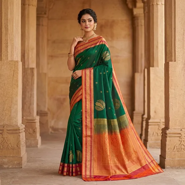 Green_Orange_Semi_Kanjivaram_Powerloom_Woven_Saree_For_Women