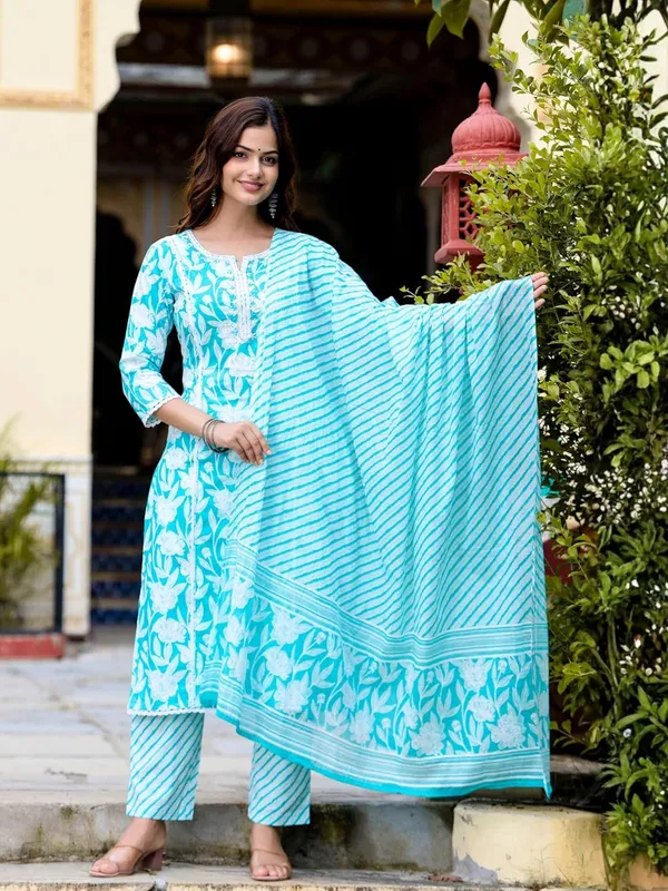 Printed_V_Neck_Kurta_With_Trousers_And_Dupatta_Set