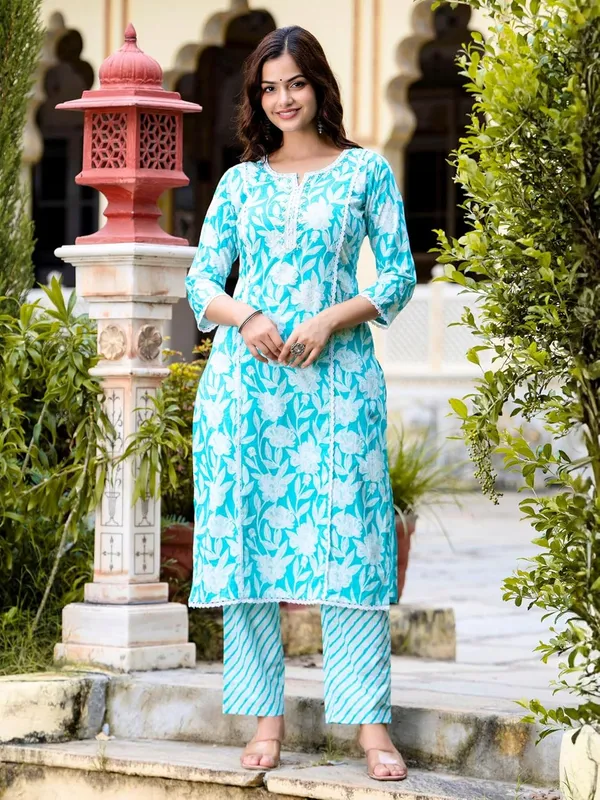 Printed_V_Neck_Kurta_With_Trousers_And_Dupatta_Set