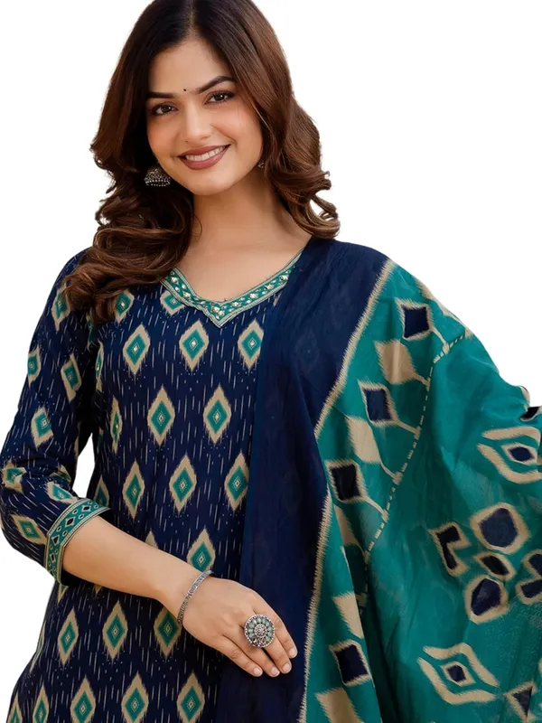 Geometric_Printed_V_Neck_Kurta_With_Trousers_And_Dupatta_Set