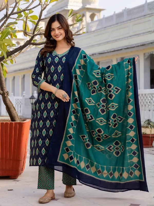 Geometric_Printed_V_Neck_Kurta_With_Trousers_And_Dupatta_Set