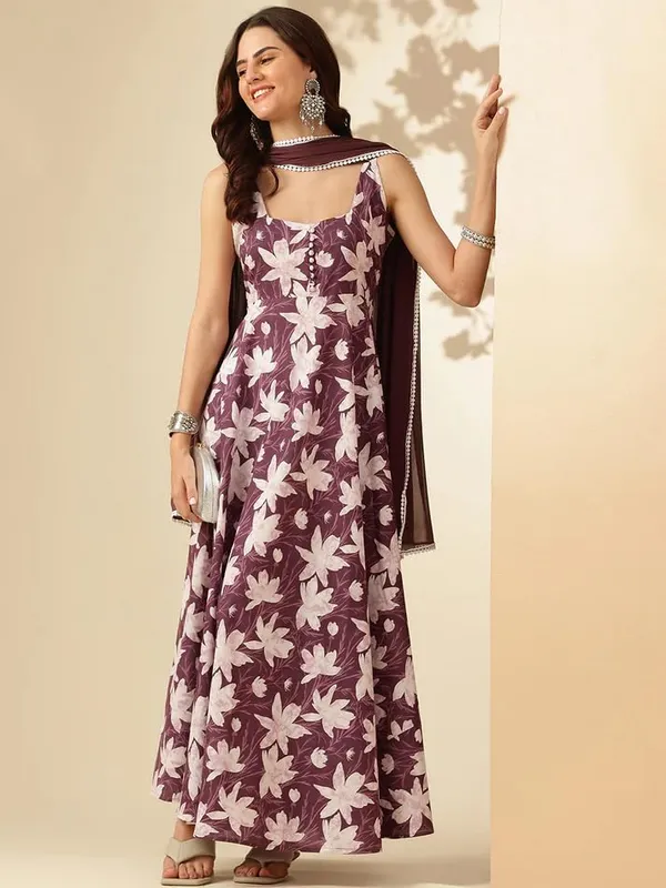 Pure_Cotton_Square_Neck_Sleeveless_Anarkali_Kurta_With_Dupatta