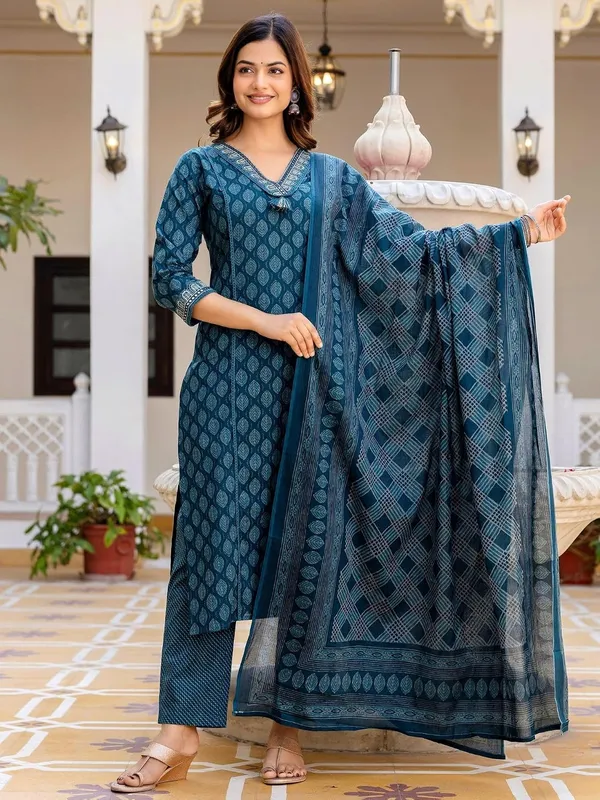 Geometric_Printed_V_Neck_Kurta_With_Trousers_And_Dupatta_Set