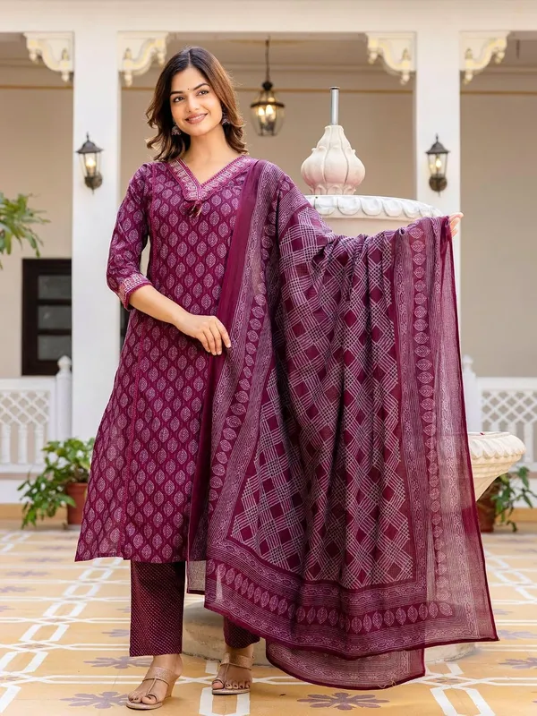 Printed_V_Neck_Kurta_With_Trousers_And_Dupatta_Set