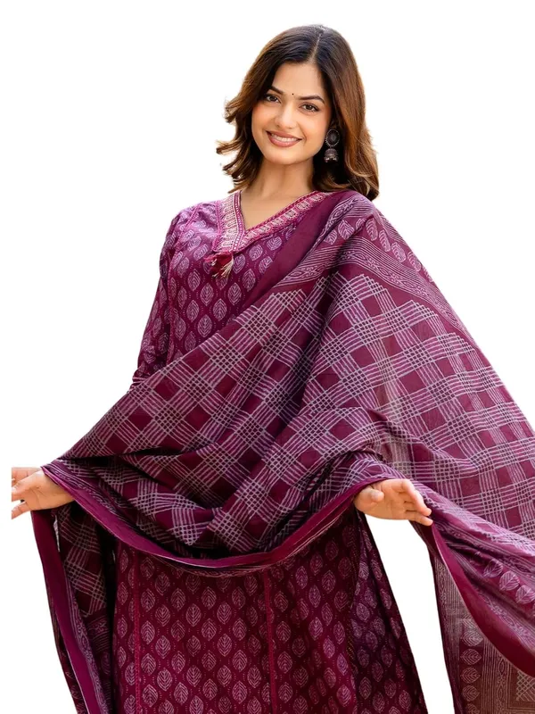 Printed_V_Neck_Kurta_With_Trousers_And_Dupatta_Set