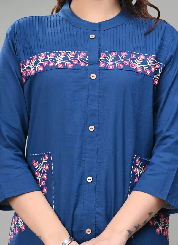 Navy_Cotton_Pintuck_Embroidered_Kurta_Set_For_Women
