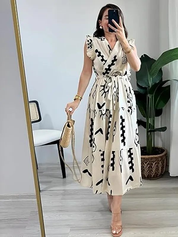 White_Soft_Rayon_Printed_Midi_Dress_For_Women
