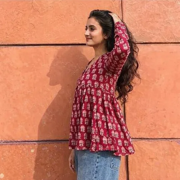 Red_Cotton_Floral_Block_Print_Flared_Top_For_Women