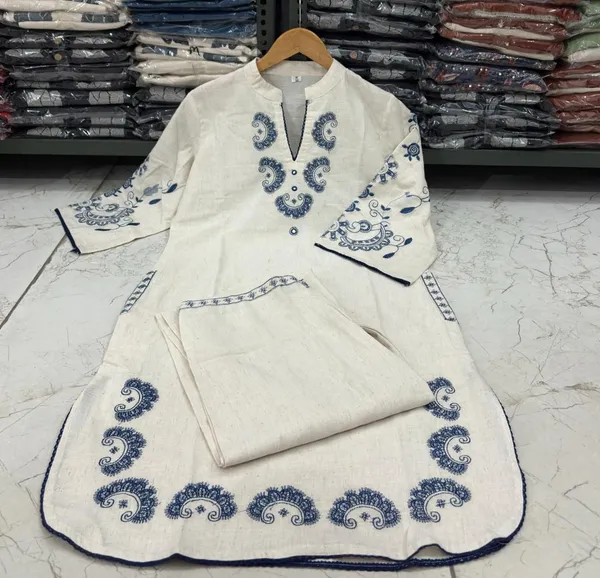 White_Cotton_Embroidered_Kurta_Set_For_Women