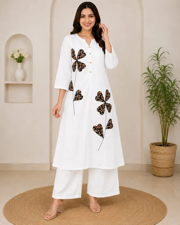 White_Cotton_Applique_Work_Kurta_Set_For_Women