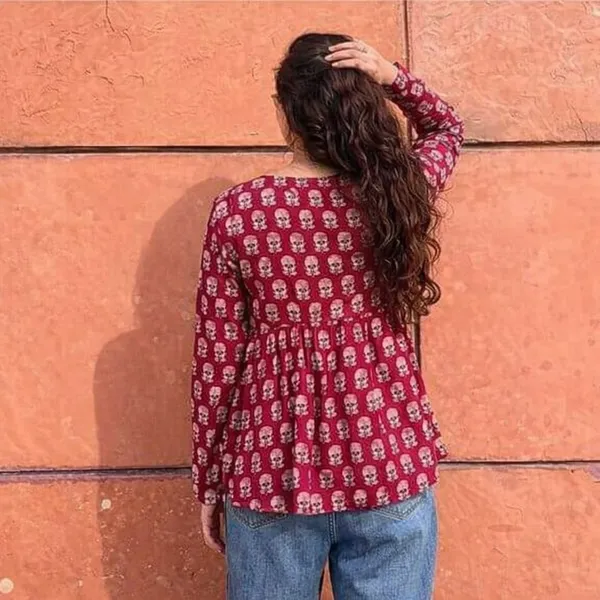 Red_Cotton_Floral_Block_Print_Flared_Top_For_Women