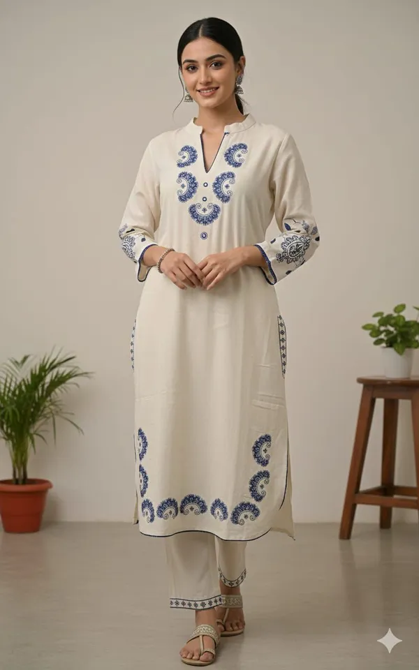 White_Cotton_Embroidered_Kurta_Set_For_Women