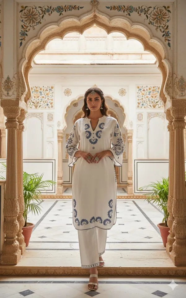 White_Cotton_Embroidered_Kurta_Set_For_Women