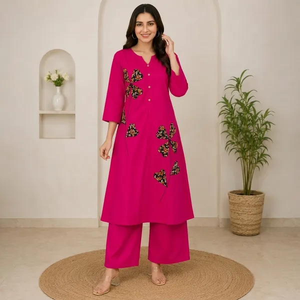 Pink_Cotton_A-Line_Butterfly_Embroidered_Kurta_Set_For_Women