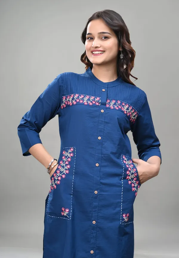Navy_Cotton_Pintuck_Embroidered_Kurta_Set_For_Women