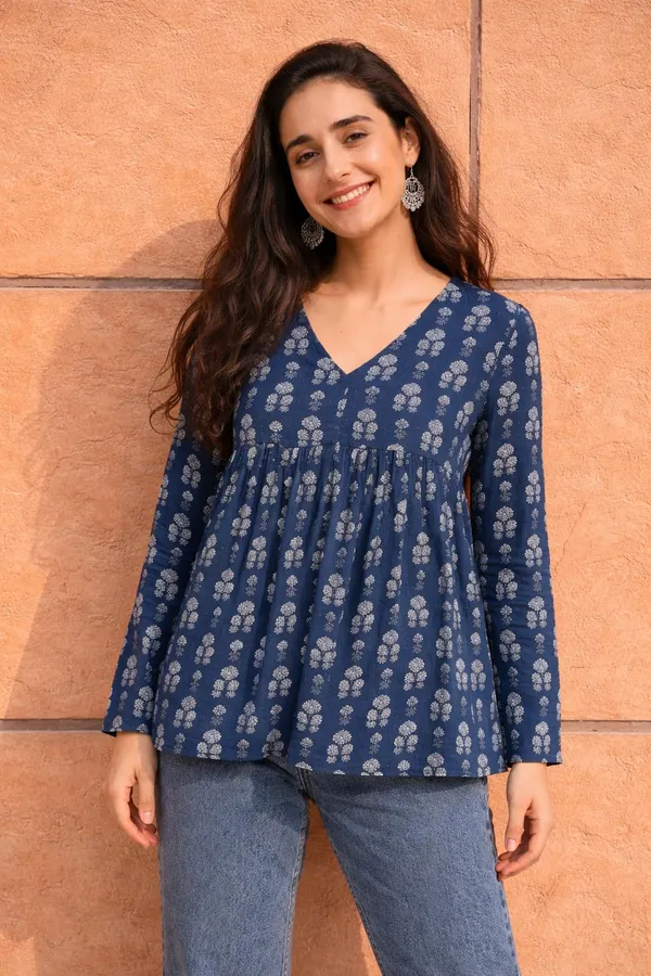 Navy_Cotton_Floral_Block_Print_Flared_Top_For_Women