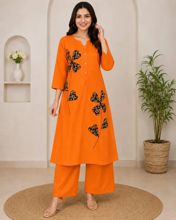 Orange_Cotton_A-Line_Embroidered_Kurta_Set_For_Women
