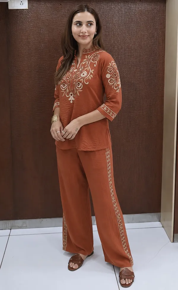 Brown_Cotton_Flex_Embroidered_Kurta_Set_For_Women