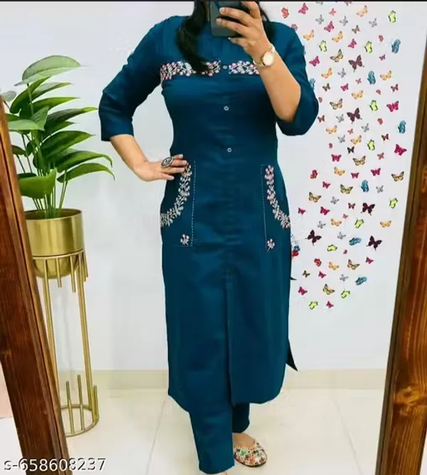 Navy_Cotton_Pintuck_Embroidered_Kurta_Set_For_Women