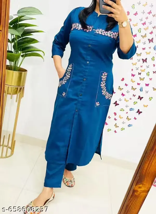 Navy_Cotton_Pintuck_Embroidered_Kurta_Set_For_Women