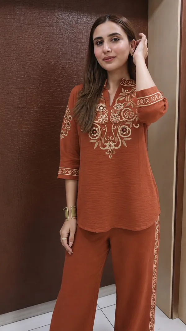 Brown_Cotton_Flex_Embroidered_Kurta_Set_For_Women